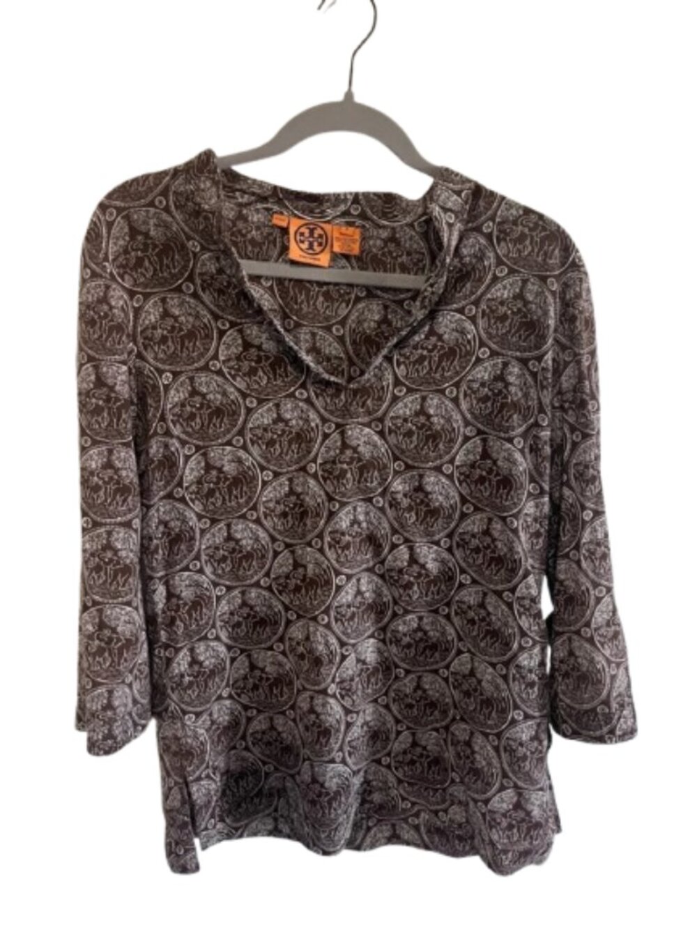 Tory Burch Brown Elephant Printed V-Neck Tunic Top Size 6